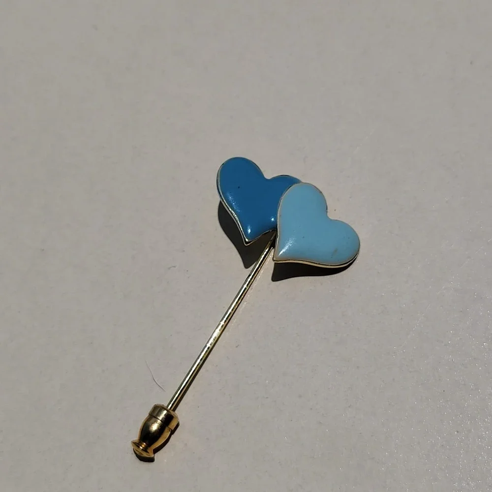 Vintage Enamel Metal Heart Stick Pin Blue Gold Tone Double Heart Lapel Pin